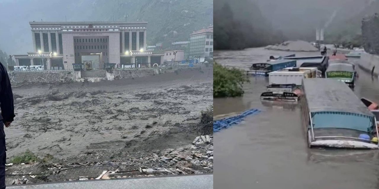 चीनबाट भीषण बाढी आउँदा रसुवामा मितेरी पुल बगायो, ११ जना उद्वारकर्मी नै फसे