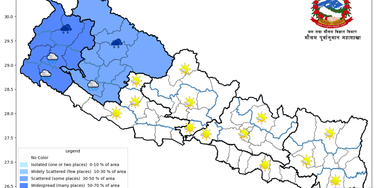 कर्णाली र सुदूरपश्चिमसहित विभिन्न प्रदेशमा वर्षा र हिमपातको पूर्वानुमान