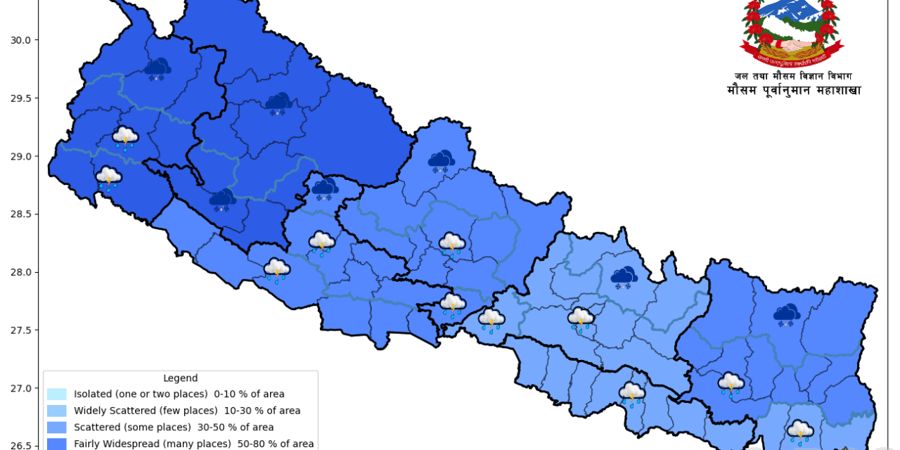 पश्चिमी न्यून चापीय प्रणालीको प्रभावले देशका विभिन्न भागमा बदली, वर्षा र हिमपातको सम्भावना