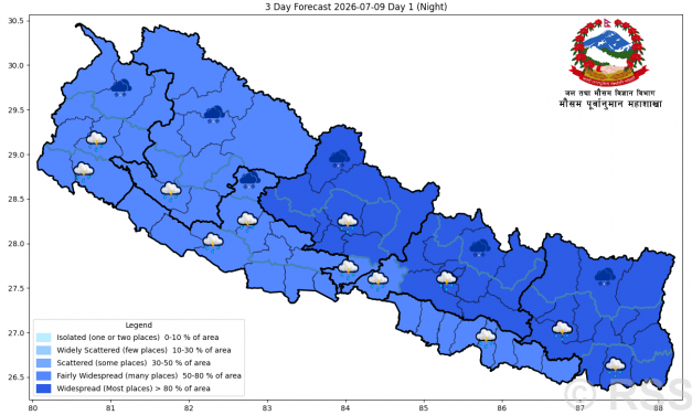 आज पनि देशका अधिकांश क्षेत्रमा वर्षाको सम्भावना, केही स्थानमा भारी वर्षा हुन सक्ने
