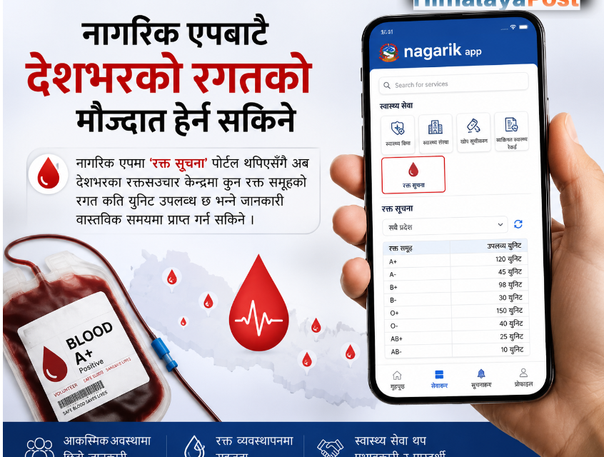 नागरिक एपबाटै देशभरको रगतको मौज्दात हेर्न सकिने