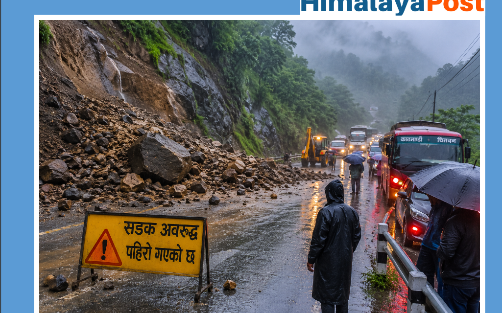 पहिरोले नारायणगढ–मुग्लिन सडक दुईतर्फी अवरुद्ध, यात्रु र चालकलाई सतर्क रहन अनुरोध