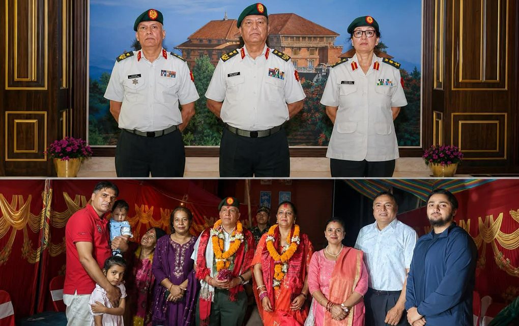 प्रधानसेनापति सिग्देलद्वारा पदोन्नति भएका उपरथी पहाडी र सहायक रथी डा. आचार्यलाई दर्ज्यानी चिन्ह प्रदान