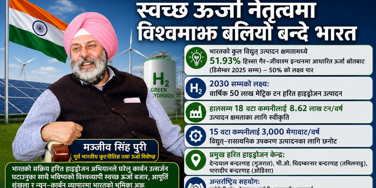 हरित हाइड्रोजनमा भारतको फड्को : स्वच्छ ऊर्जा नेतृत्वमा विश्वमाझ बलियो बन्दै भारत