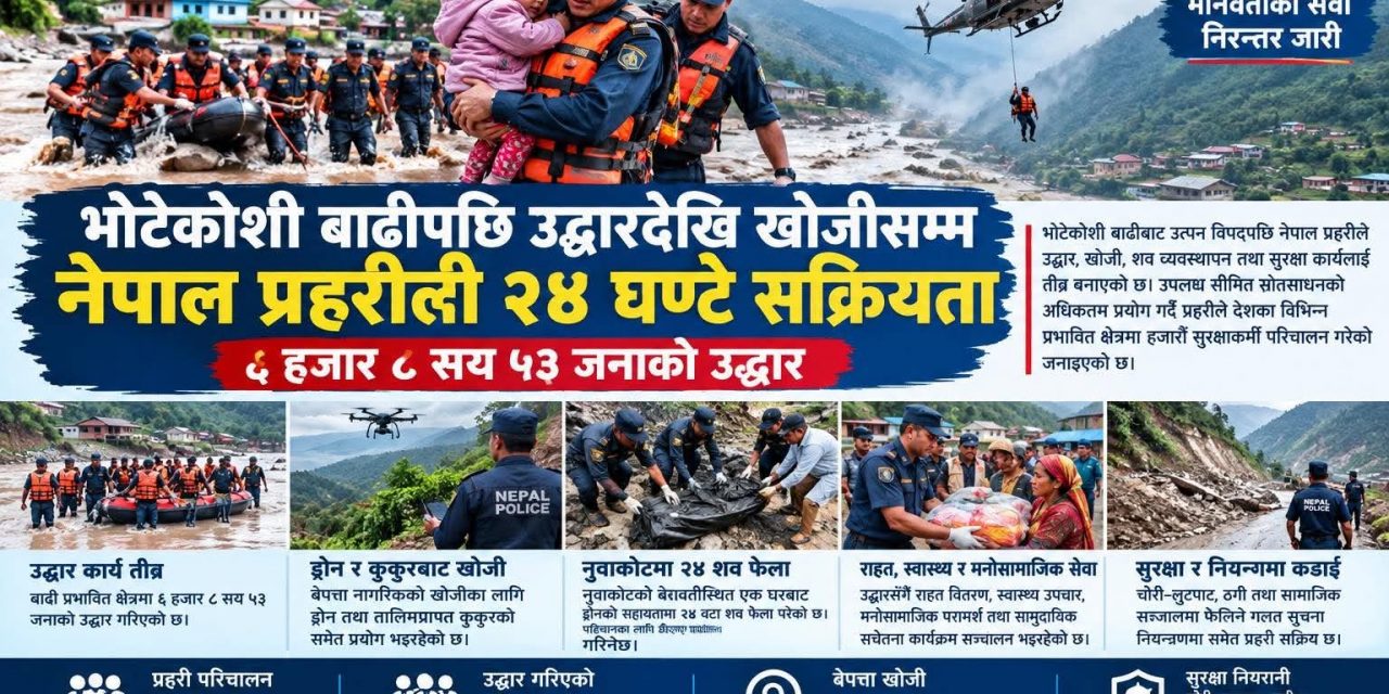 भोटेकोशी बाढीपछि उद्धारदेखि खोजीसम्म नेपाल प्रहरीको २४ घण्टे सक्रियता, ६ हजार ८ सय ५३ जनाको उद्धार