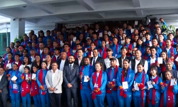एसियाली खेलकुदमा सहभागी हुने नेपाली टोलीलाई भव्य बिदाइ, मन्त्री पोखरेलले भने– ‘देशको प्रतिनिधित्व गर्नु नै ठूलो गौरव’
